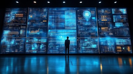 Man observing large data visualization screen.