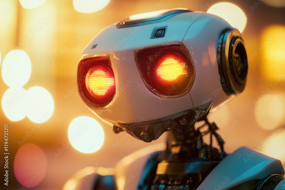 Poster a close-up shot of a robot's head with bright lights in the background