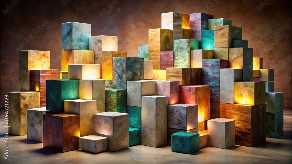 Poster illuminated stone blocks abstract composition featuring varied textures and hues