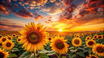 Fototapeta premium Vibrant Sunflowers Bathed in the Golden Hues of a Dramatic Sunset