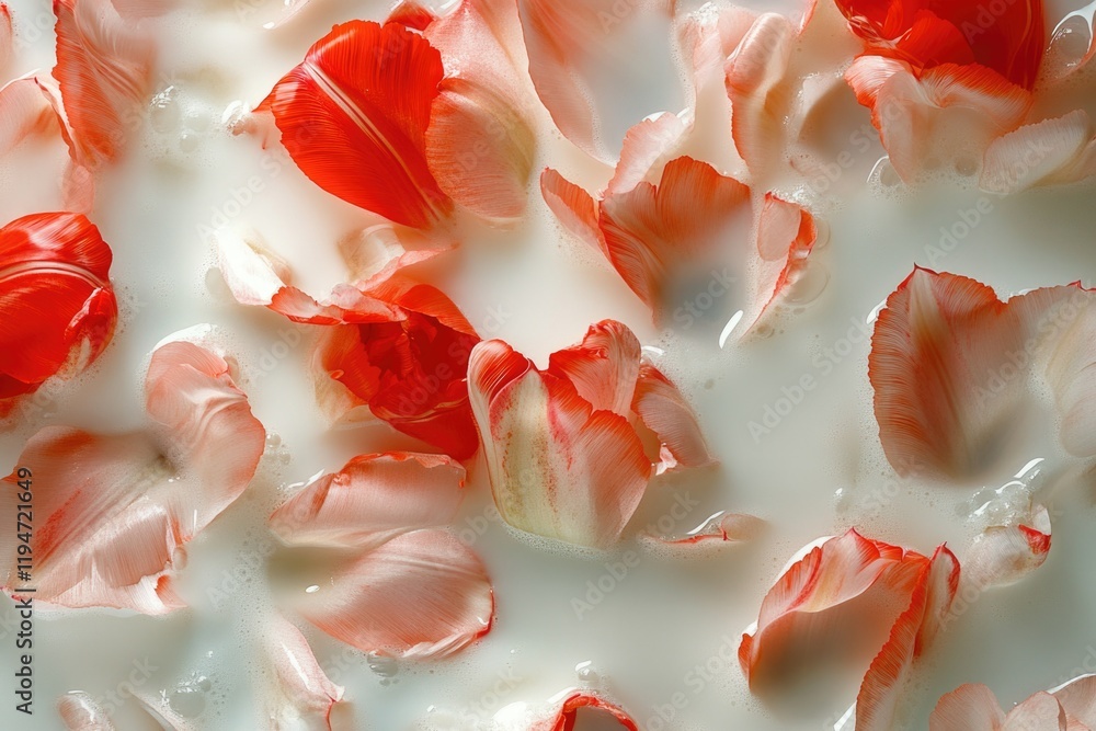 Poster a simple yet elegant table setting featuring a white plate, red flowers, and a splash of milk