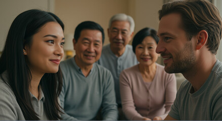 Fototapeta premium Couple with supportive family in intimate moment at home, love and connection for engagement celebration. Diverse generations, joy, and bonding in cozy living room setting