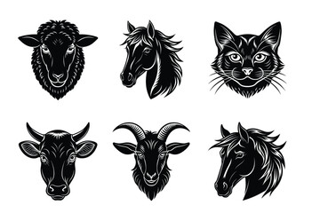 Domestic animals head silhouette set, Animal icon vector illustration, dog, cat, cow, sheep, horse, cat