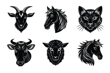 Domestic animals head silhouette set, Animal icon vector illustration, dog, cat, cow, sheep, horse, cat