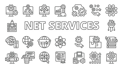 Net services, icon in line design. Net, services, internet, online, connectivity, web, technology on white background vector. Net services editable stroke icons
