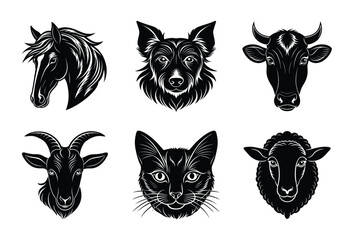 Domestic animals head silhouette set, Animal icon vector illustration, dog, cat, cow, sheep, horse, cat