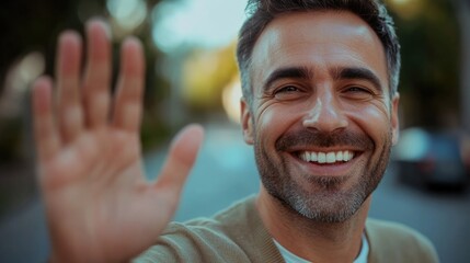 A man is smiling and waving his hand