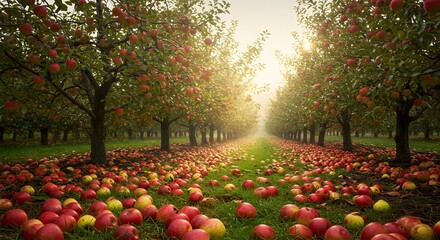 A serene apple orchard with ripe apples on trees and fallen ones on the ground. Farming and Agriculture