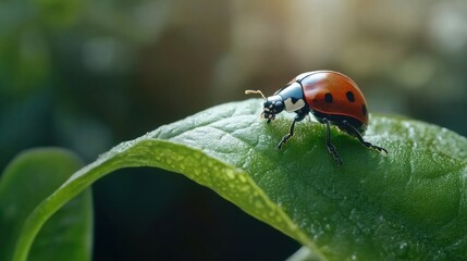 Fototapeta premium A close-up of a ladybug crawling on a green leaf in a biodiverse farm
