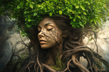 Obraz premium Portrait of Earth with Rooted Trees and Plants: Caring for Our Environment and Ecology