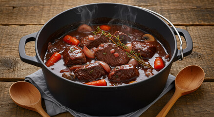 Steaming beef stew in cast iron pot with vegetables, carrots, and herbs on rustic wooden table, representing hearty homemade cooking, comfort food, and traditional cuisine