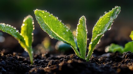 A close-up of dew-covered kale leaves growing in an organic vegetable patch