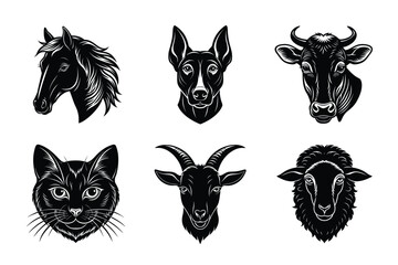 Domestic animals head silhouette set, Animal icon vector illustration, dog, cat, cow, sheep, horse, cat
