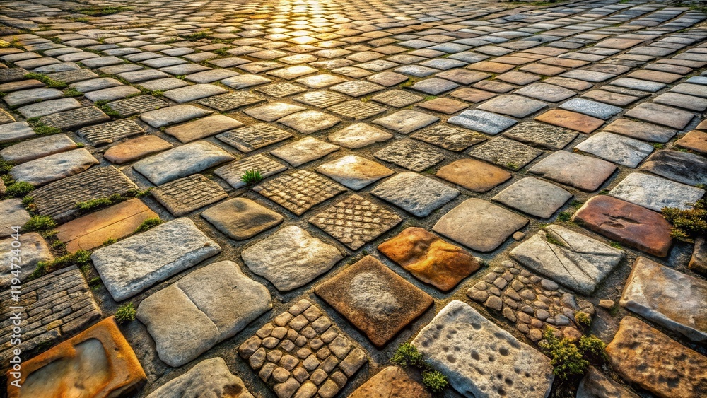 Poster sunlit stone pavement a textured walkway of varied rectangular blocks