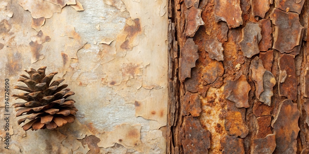 Poster rustic autumnal background featuring a pine cone against weathered, peeling bark and rusty wood text