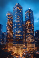Three illuminated skyscrapers at dusk.