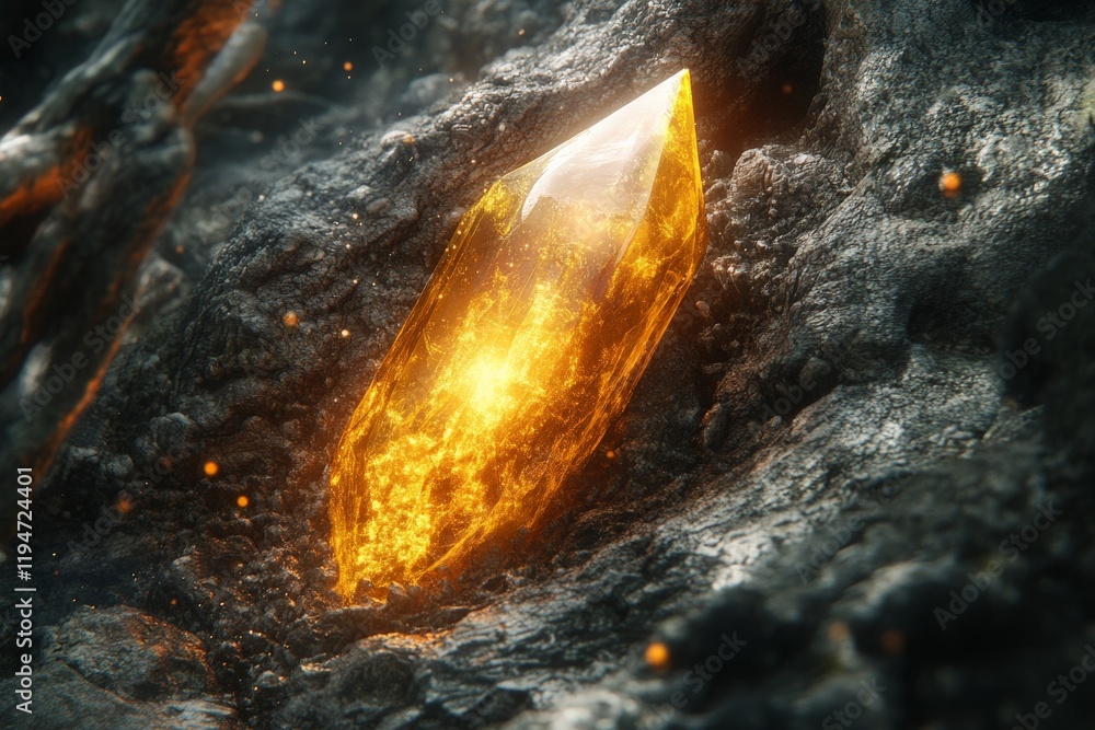 Poster a radiant orange crystal, emanating a mesmerizing glow, nestles among the rugged rocks. sparks subtl
