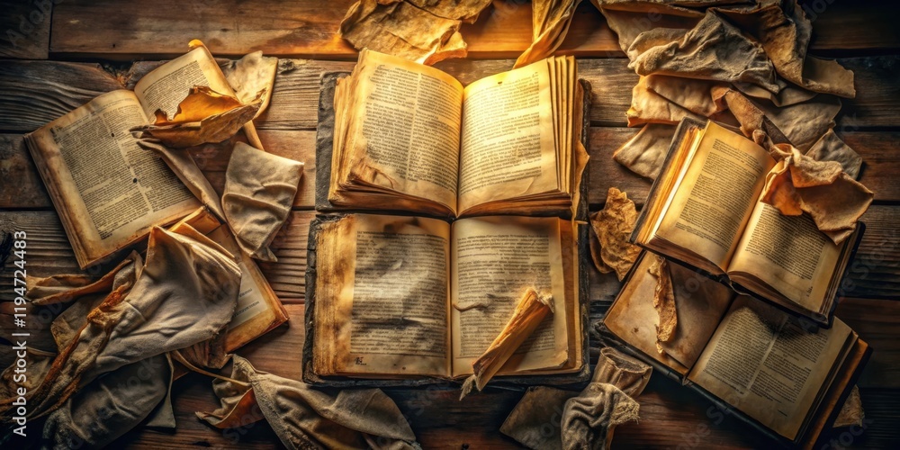 Poster Ancient Texts and Fragile Parchments on Wooden Surface