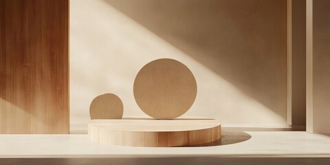 Minimalist abstract stage featuring wooden geometric shapes with a large circular platform in a softly lit neutral room with warm shadow play
