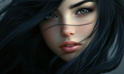 A close-up portrait showing a woman with long black hair and calm expression. The image captures beauty and tranquility.