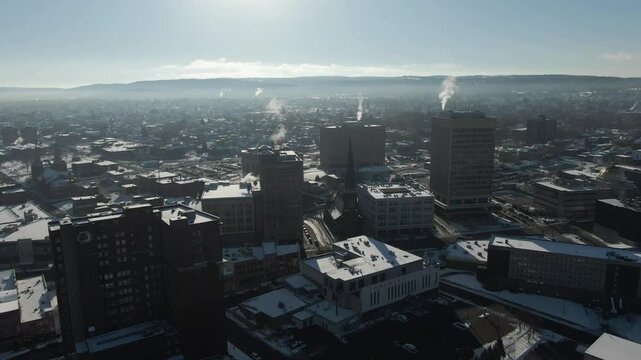 Downtown Utica, NY aerial view on freezing cold winter morning. Hotel Utica and County Office Building