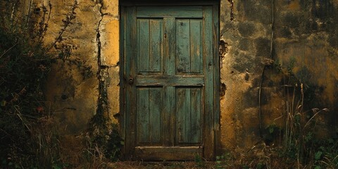 Aged wooden door with teal paint against a textured yellow wall surrounded by lush green grass and overgrown plants creating a rustic atmosphere