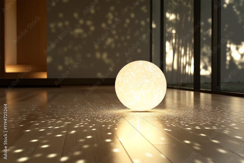 Poster an illuminated sphere sits on a wooden floor, casting enchanting patterns of light and shadow indoor
