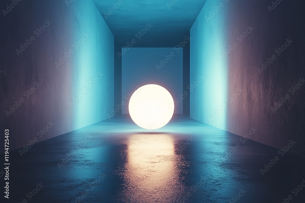 Aufkleber a bright glowing sphere illuminates a minimalist hallway with a gentle reflection on the polished fl