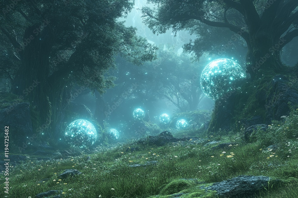 Poster A series of mystical glowing spheres float through an ancient forest, casting an ethereal light that transforms the scene into a realm of enchantment and wonder.