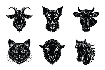 Fototapeta premium Domestic animals head silhouette set, Animal icon vector illustration, dog, cat, cow, sheep, horse, cat