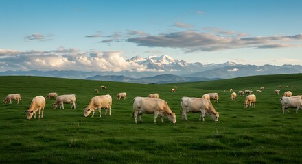 Fototapeta premium A herd of cows grazing peacefully on a green pasture with a mountain backdrop. Farming and Agriculture