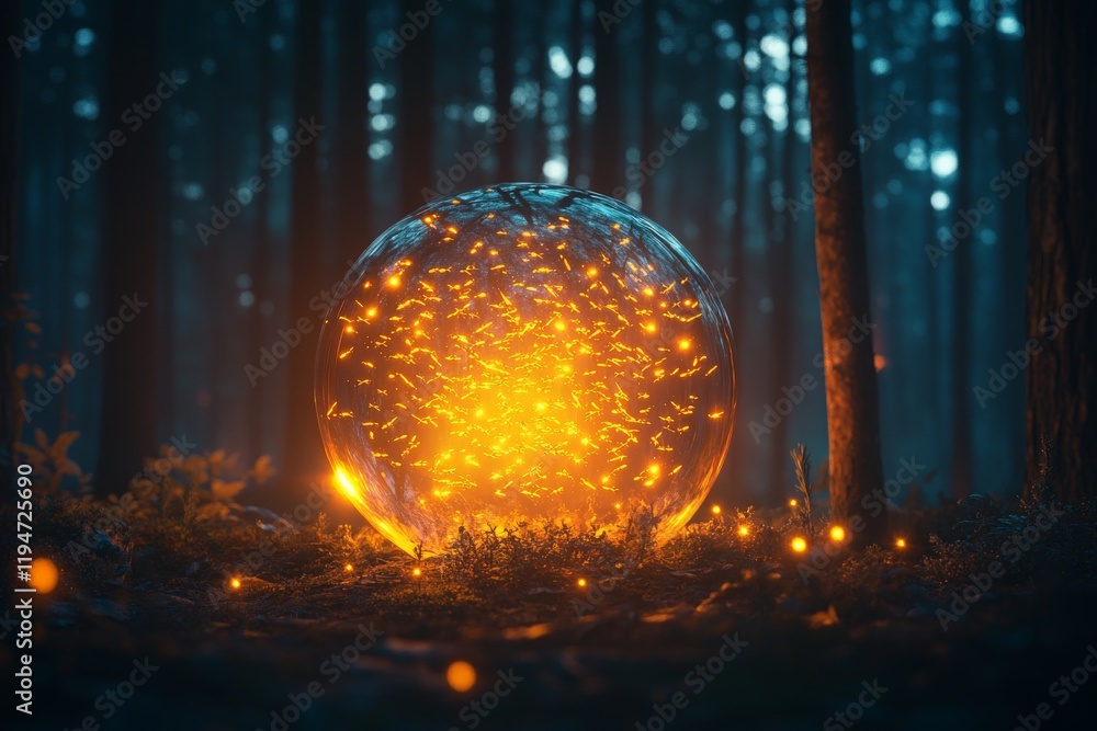 Poster a radiant orb filled with fiery lights stands in a dark mystical forest, creating a captivating glow