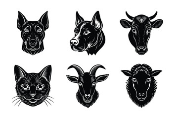 Domestic animals head silhouette set, Animal icon vector illustration, dog, cat, cow, sheep, horse, cat