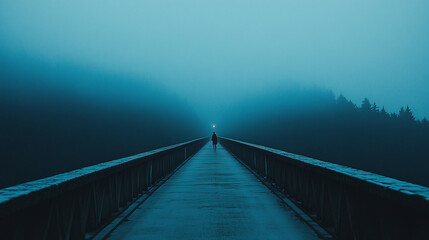 Fototapeta premium A lone person walks down a long, deserted bridge, heading toward a glaring light emerging from deep fog during early morning. Generative AI