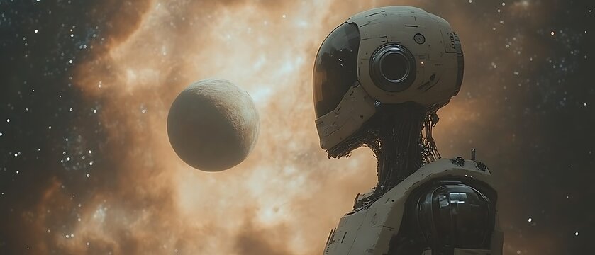 Robot gazing at distant planet in space.