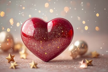A vivid red heart adorned with glitter and star patterns, surrounded by golden baubles, portraying a festive and joyous spirit in a magical atmosphere.