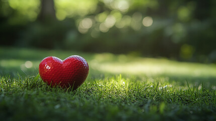 a red heart shaped golf ball sitting on the grass, green blurred background, horizontal banner, copy space for text, valentines of love to golf concept