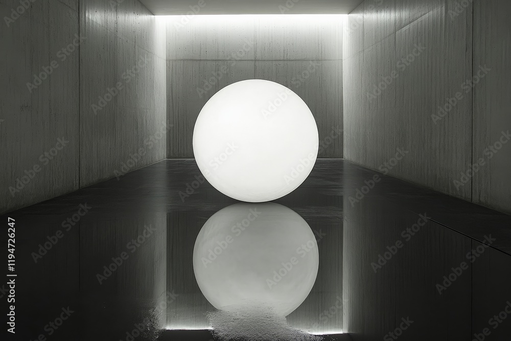 Poster a radiant white sphere sits in a dark, minimalist chamber, its reflection creating a dramatic play o