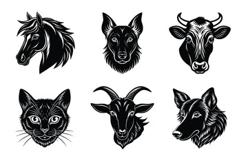 Domestic animals head silhouette set, Animal icon vector illustration, dog, cat, cow, sheep, horse, cat