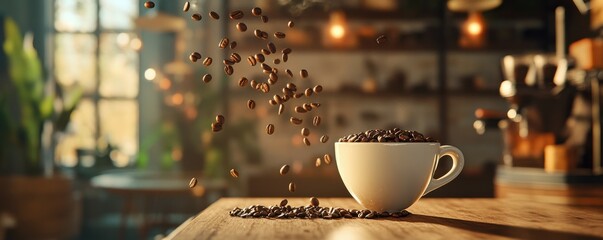 A coffee ad with beans falling into a cup and a warm, inviting atmosphere, 4K photo.
