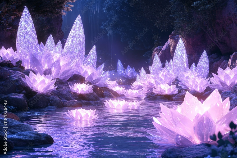 Poster delicate crystal petals glisten and float atop a sparkling, enchanted stream surrounded by lush foli