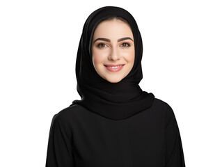 young smiling emirati woman wearing a black hijab, isolated on a white background, showcasing cultural beauty and confidence	