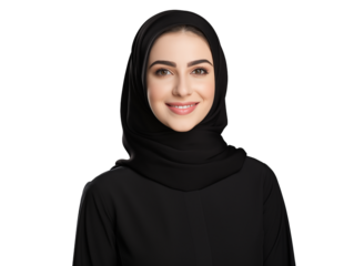 young smiling emirati woman wearing a black hijab, isolated on a white background, showcasing cultural beauty and confidence	