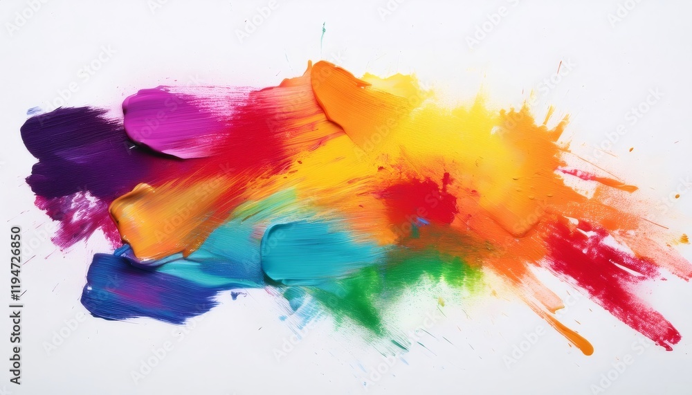 Poster vivid brush strokes exploding with color on a white canvas, creating an abstract artwork with a grun