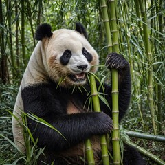 Obraz premium A panda bear eating bamboo in a forest with tall, swaying bamboo stalks.