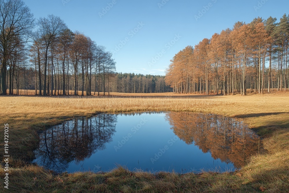 Poster a clear pond sits under the autumn sunlight, surrounded by trees adorned with bright, warm hues, cre