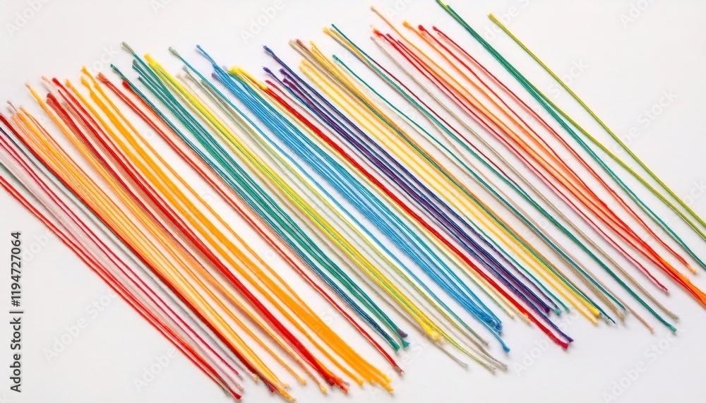 Poster colorful threads are lying on a white background, creating a vibrant and cheerful pattern, perfect f