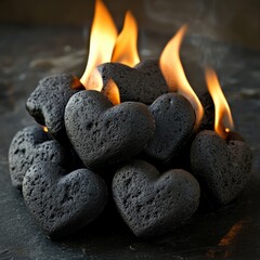 A pile of black volcanic hearts ignites with flames, representing passion and desire in a striking visual.