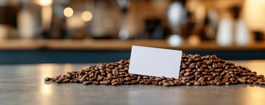 A coffee shop loyalty card mockup displayed on a countertop with coffee beans, 4k photo.