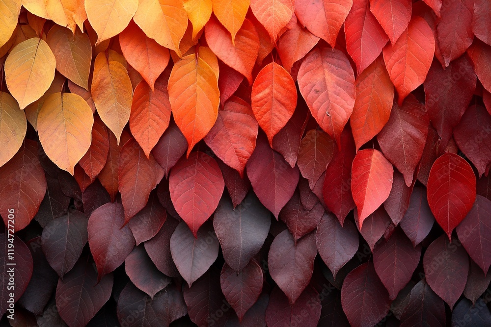 Poster an artistic array of autumn leaves arranged in a gradient, transitioning through warm hues of orange